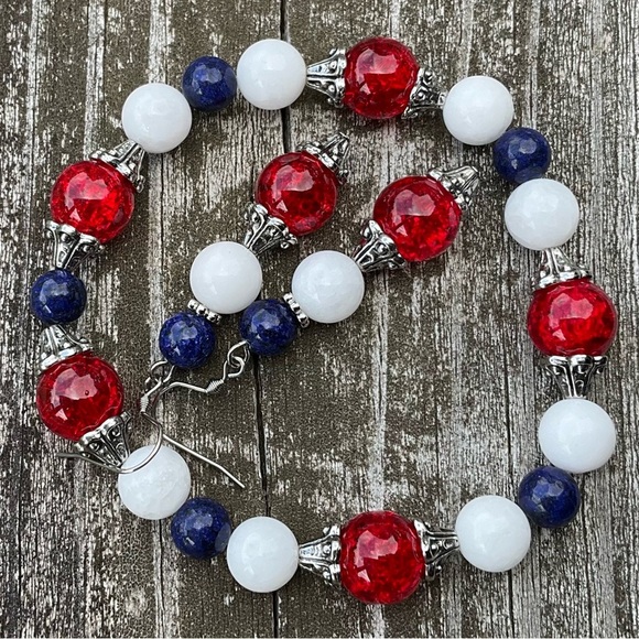 Hand Crafted Elegant Red, White, and Blue Beaded Bracelet and Earrings - Picture 1 of 7